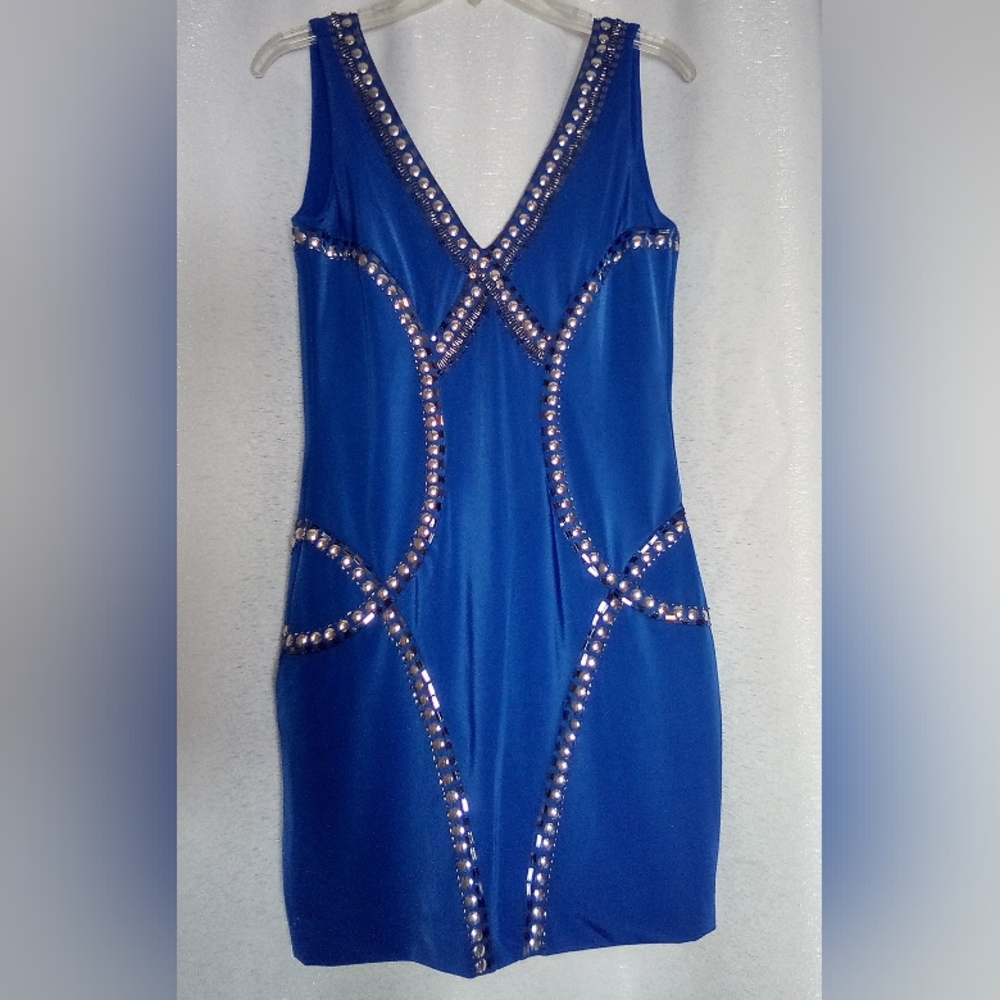 New Small Blue Silver Bebe Tribal Rings Knit Dress Homecoming Prom Holiday Party
